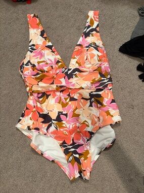 Kona Sol Floral One-Piece Swimsuit in Coral, Pink, Orange and Black